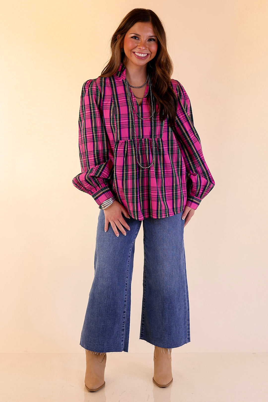 Mud Pie | Mitzy Plaid Babydoll Top with 3/4 Balloon Sleeves in Pink