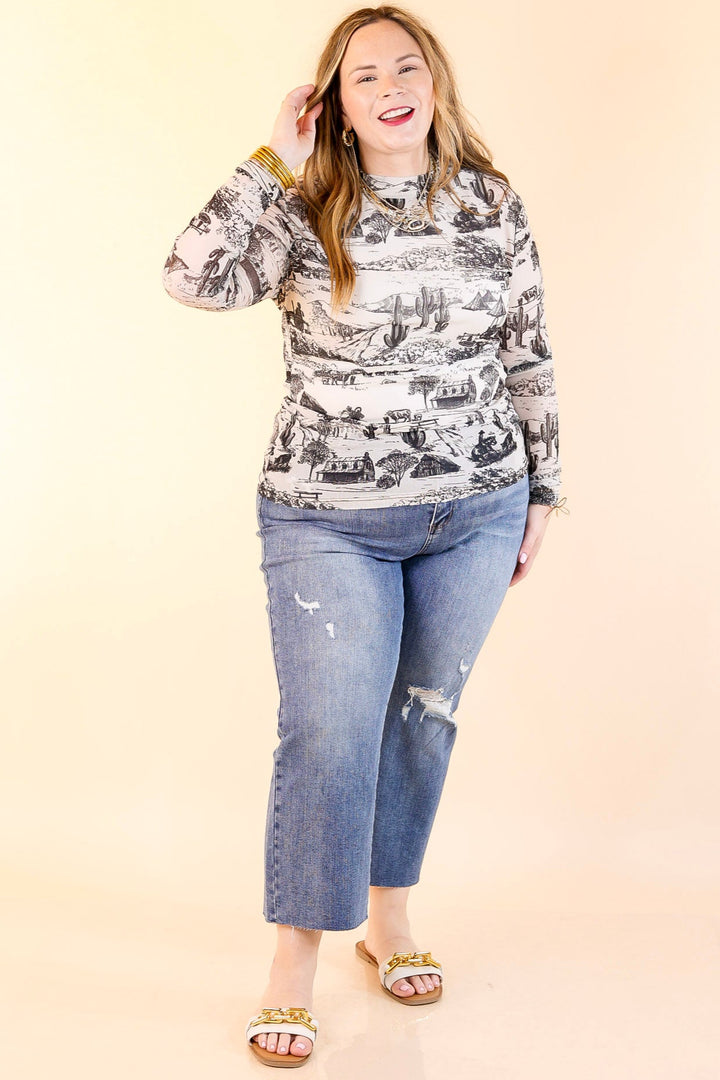 Sheer Confidence Desert Ranch Print Mesh Long Sleeve Top in Off White