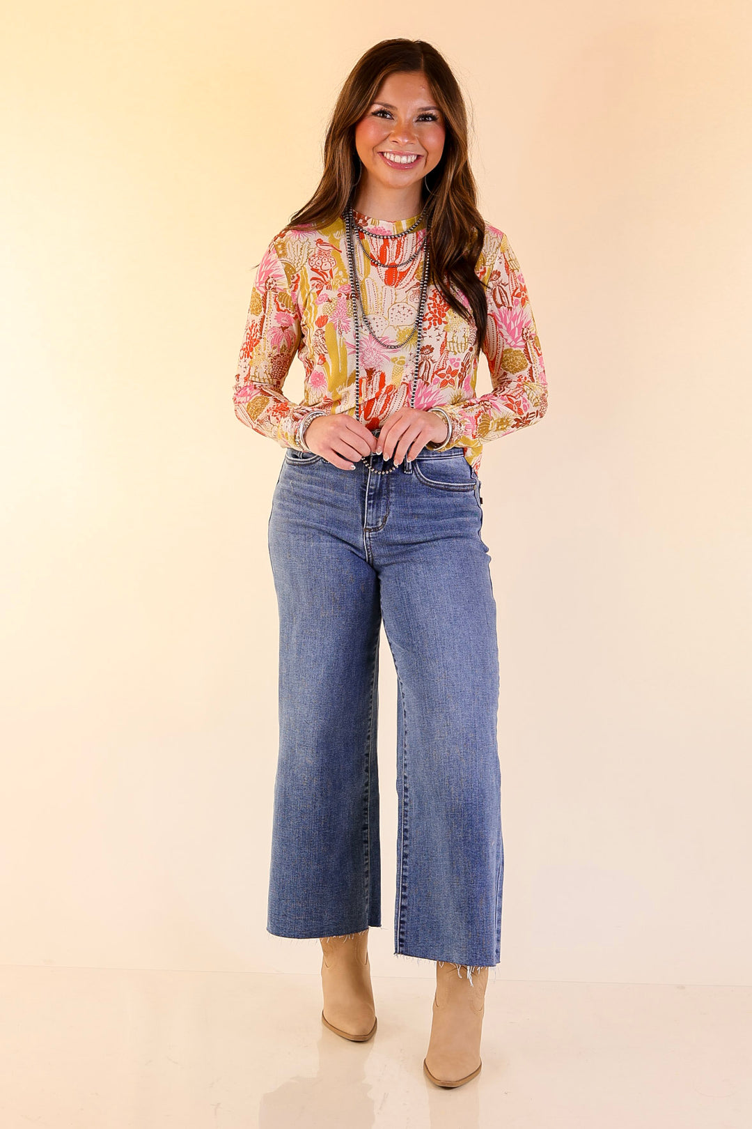 Western Dream Cacti Print Mesh Long Sleeve Top in Cream, Olive Green and Pink