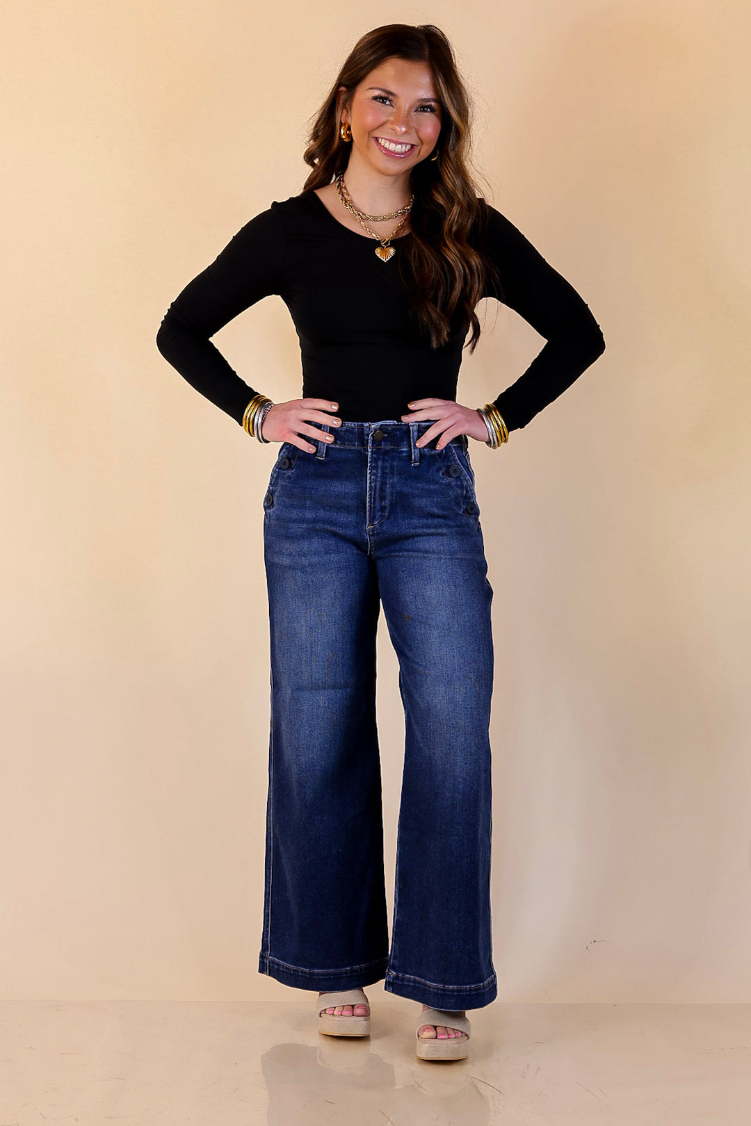 Risen | Steady Style Cropped Wide Leg Trouser Jean with Pocket Detailing in Dark Wash