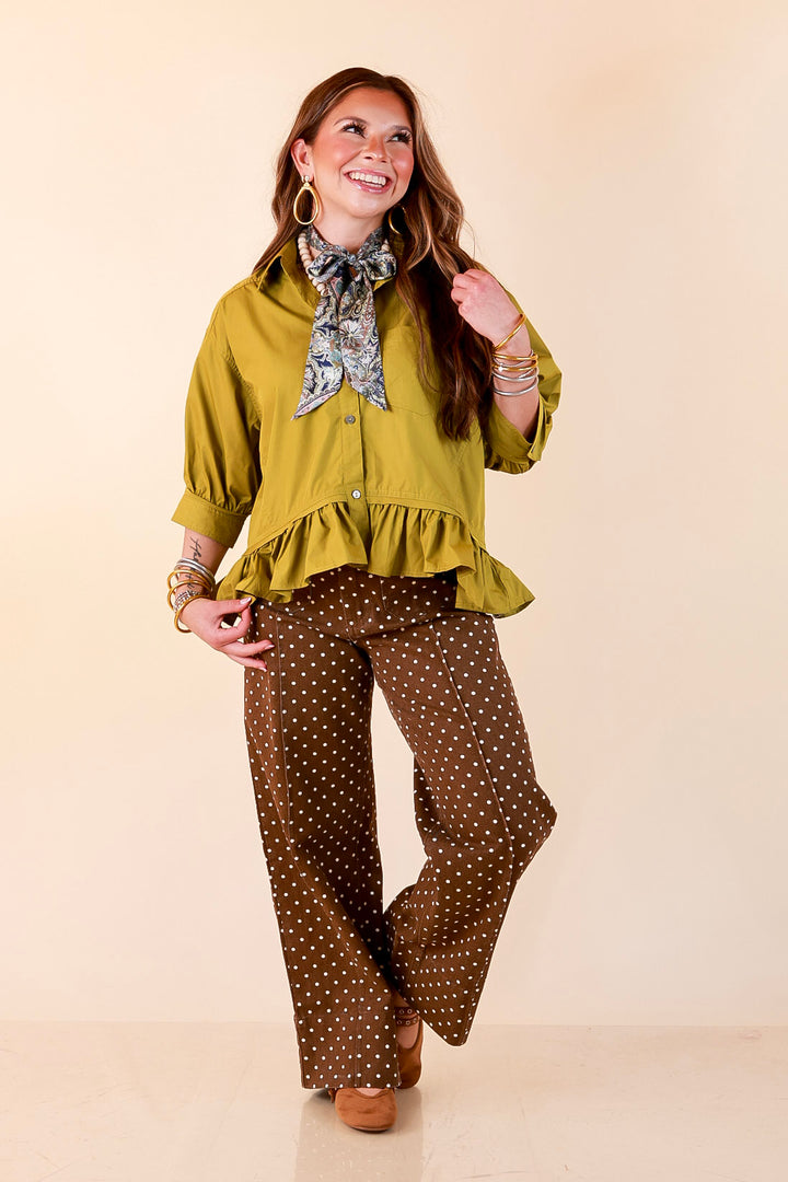 Style Agenda Solid Button Down Peplum Top in Chartreuse Olive Green
