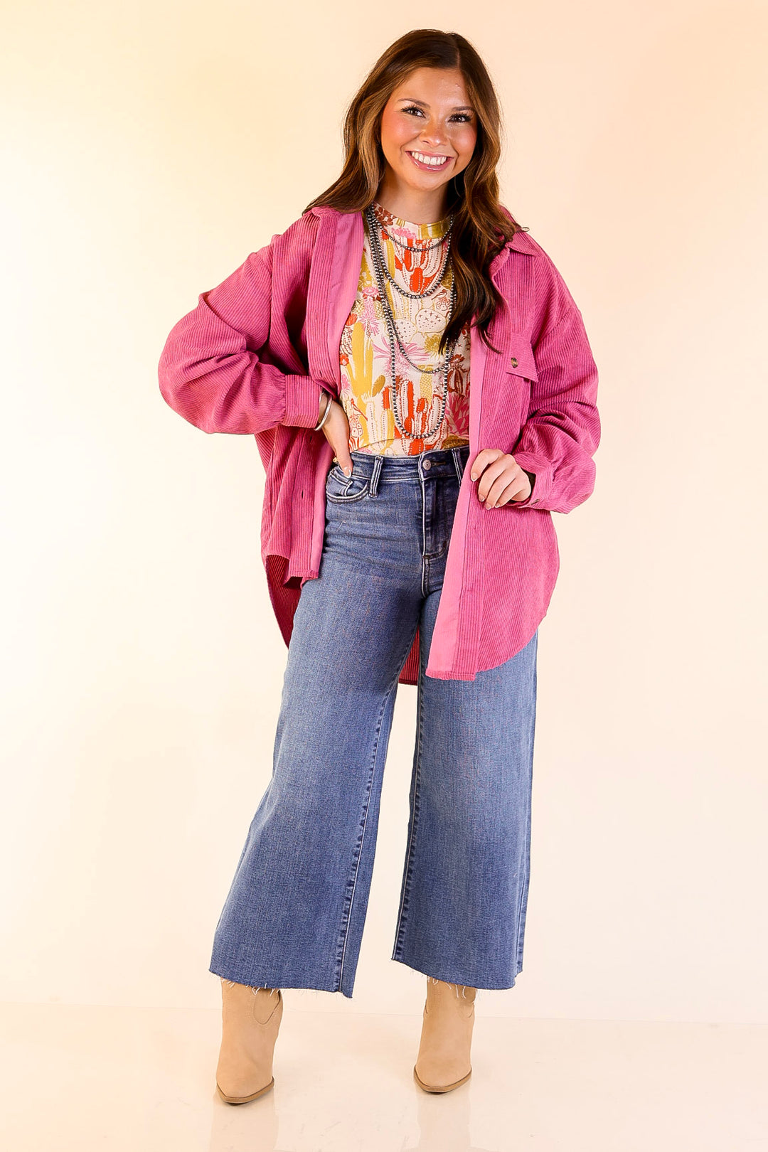 All Dolled Up Button Up Corduroy Shacket in Orchid Pink