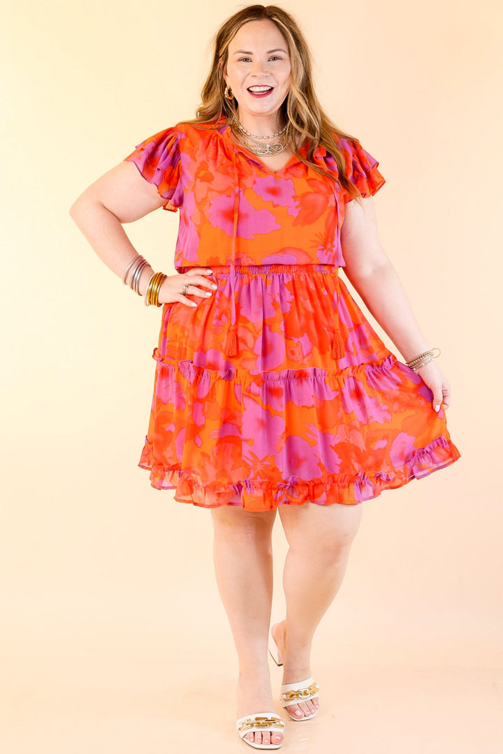 Girl On Fire Ruffle Sleeve and Tie Neck Dress in Orange and Purple