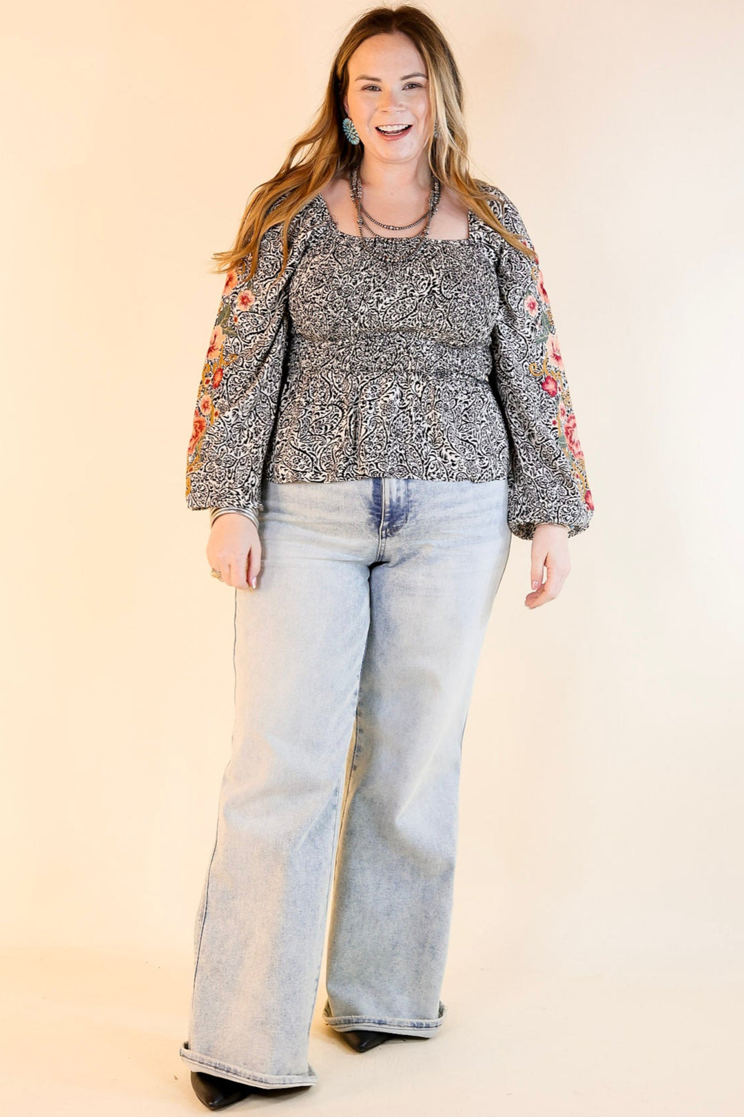 Point The Way Damask Print Peplum Top with Long Embroidered Sleeves