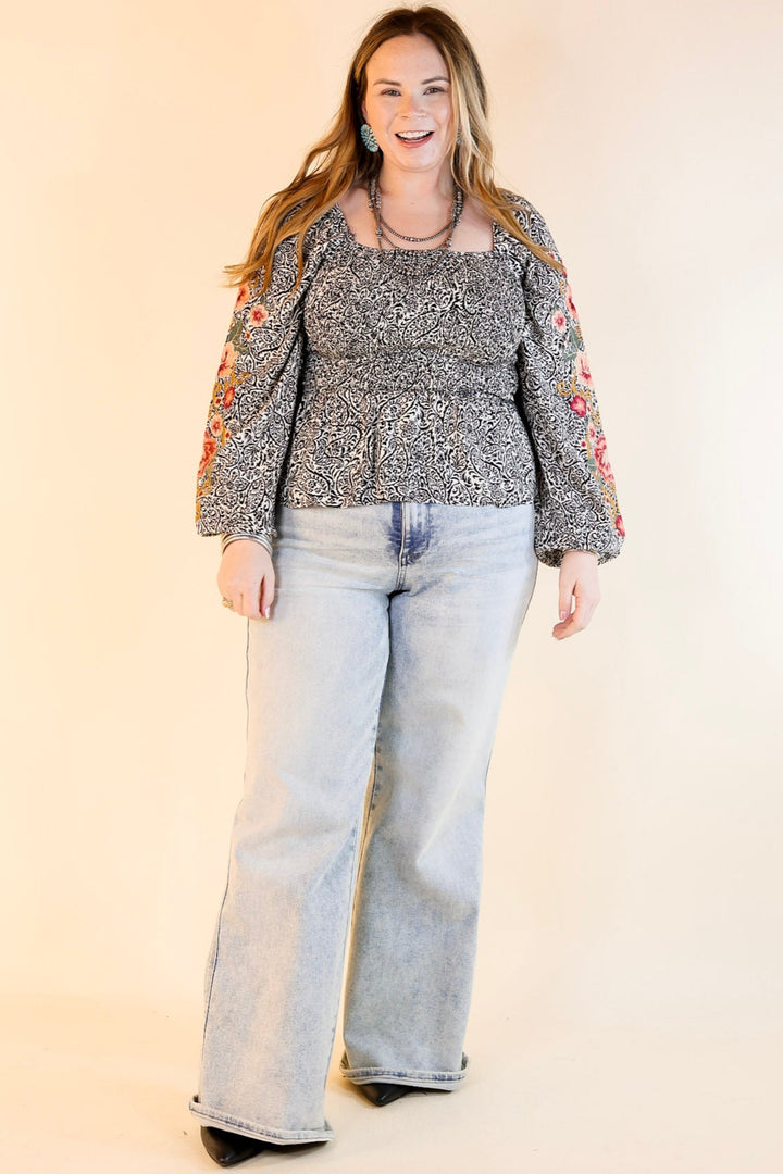 Point The Way Damask Print Peplum Top with Long Embroidered Sleeves