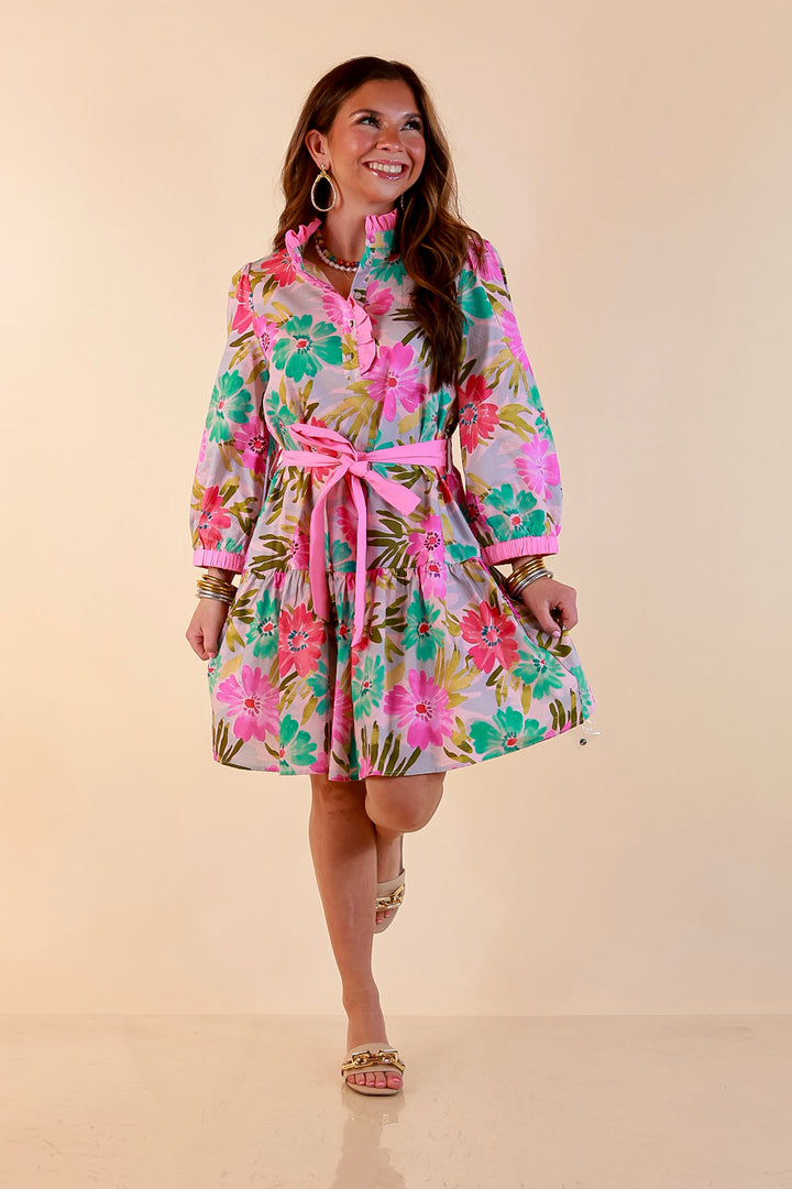 Petals and Promises Floral Print Ruffle Collar Tie Waist Tiered Dress in Pink and Mint