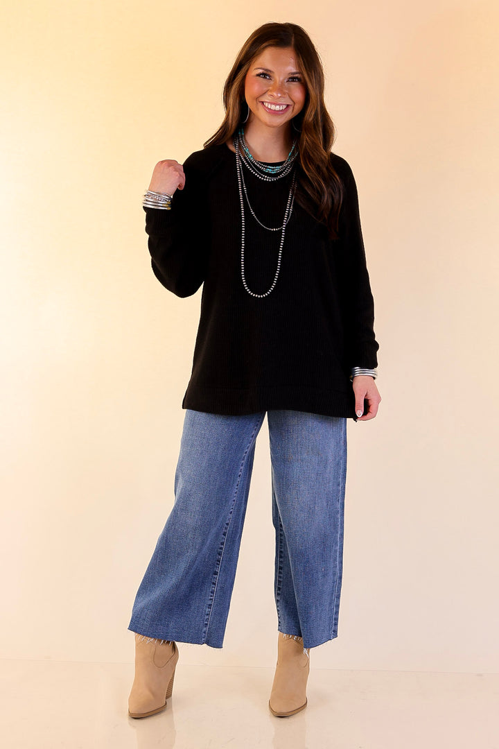 Essentially Chic Waffle Knit Long Sleeve Scoop Neck Top in Black