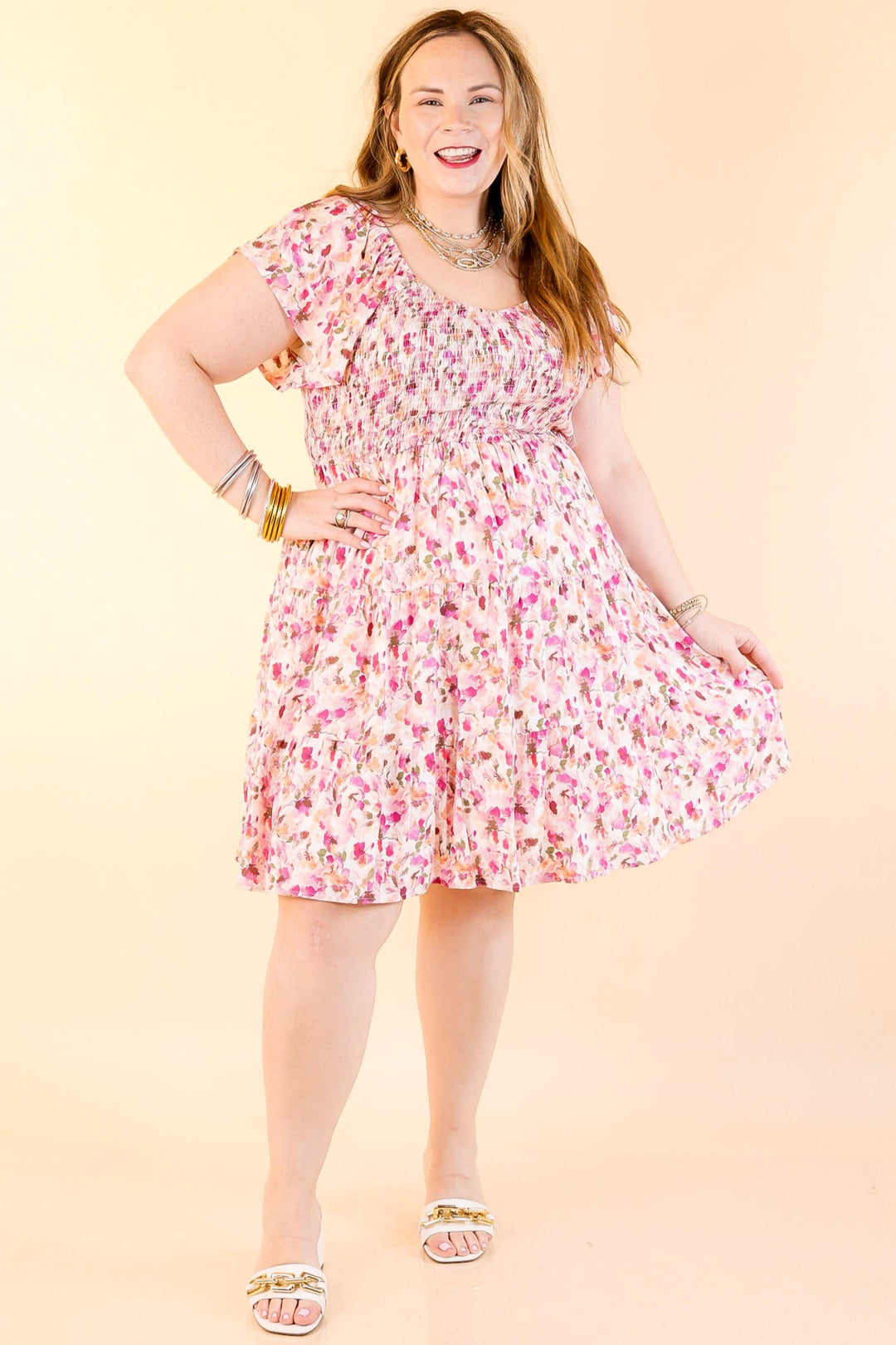 Sweet To Me Smocked Upper Floral Tiered Dress in Pink