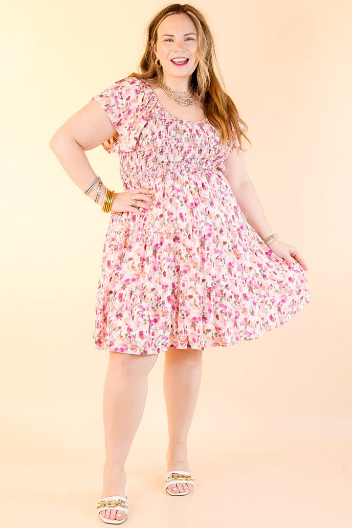 Sweet To Me Smocked Upper Floral Tiered Dress in Pink