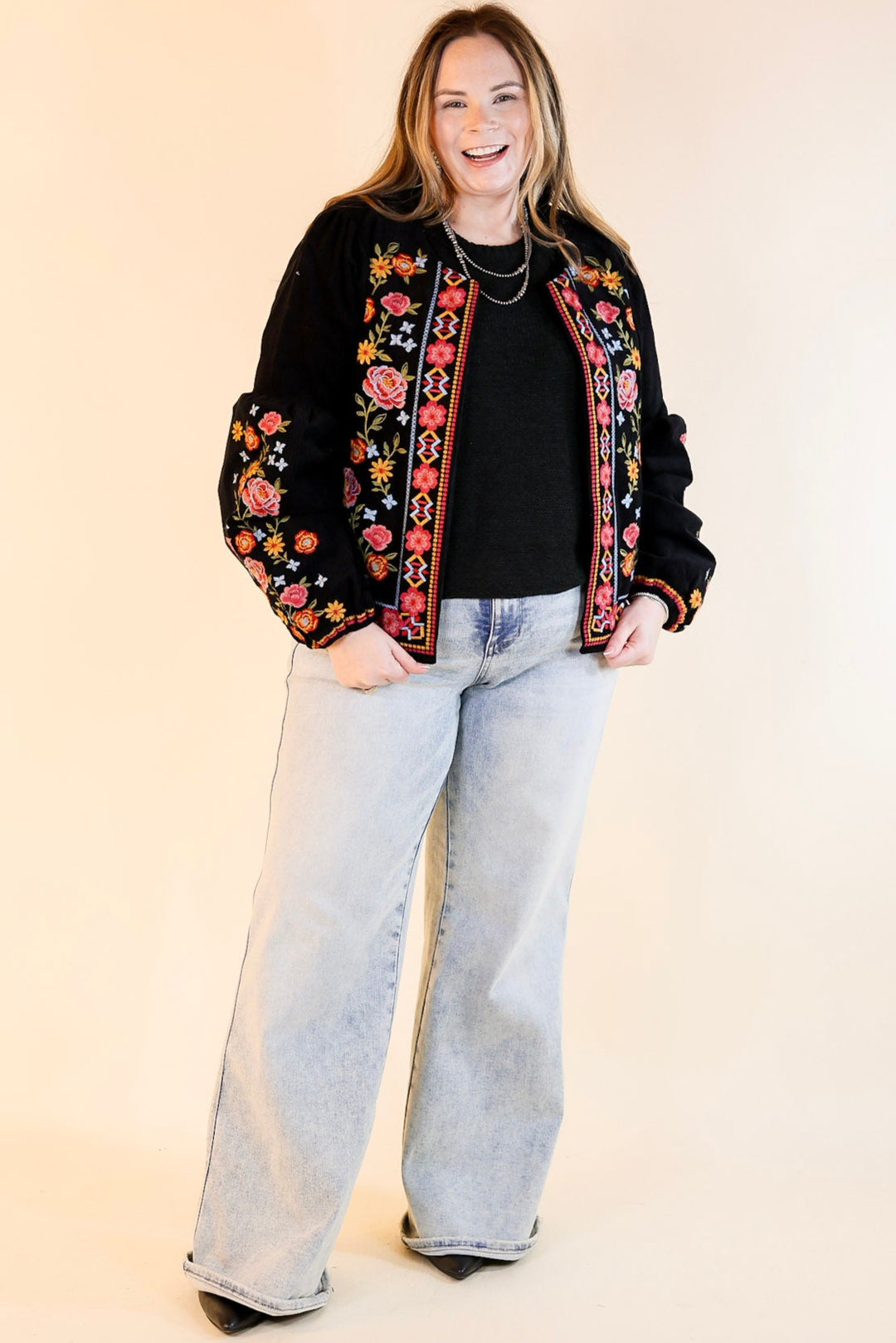 More To Say Corduroy Floral Embroidered Jacket in Black
