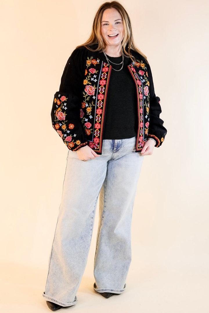 More To Say Corduroy Floral Embroidered Jacket in Black
