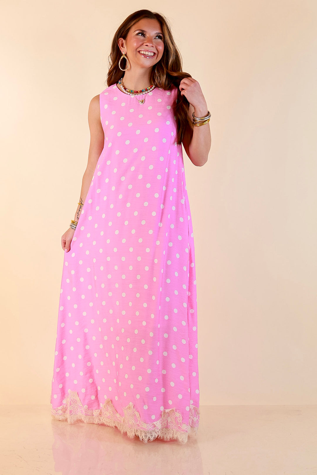 Sweet Little Something Polka Dot Sleeveless Maxi Dress with Lace Trim in Pink