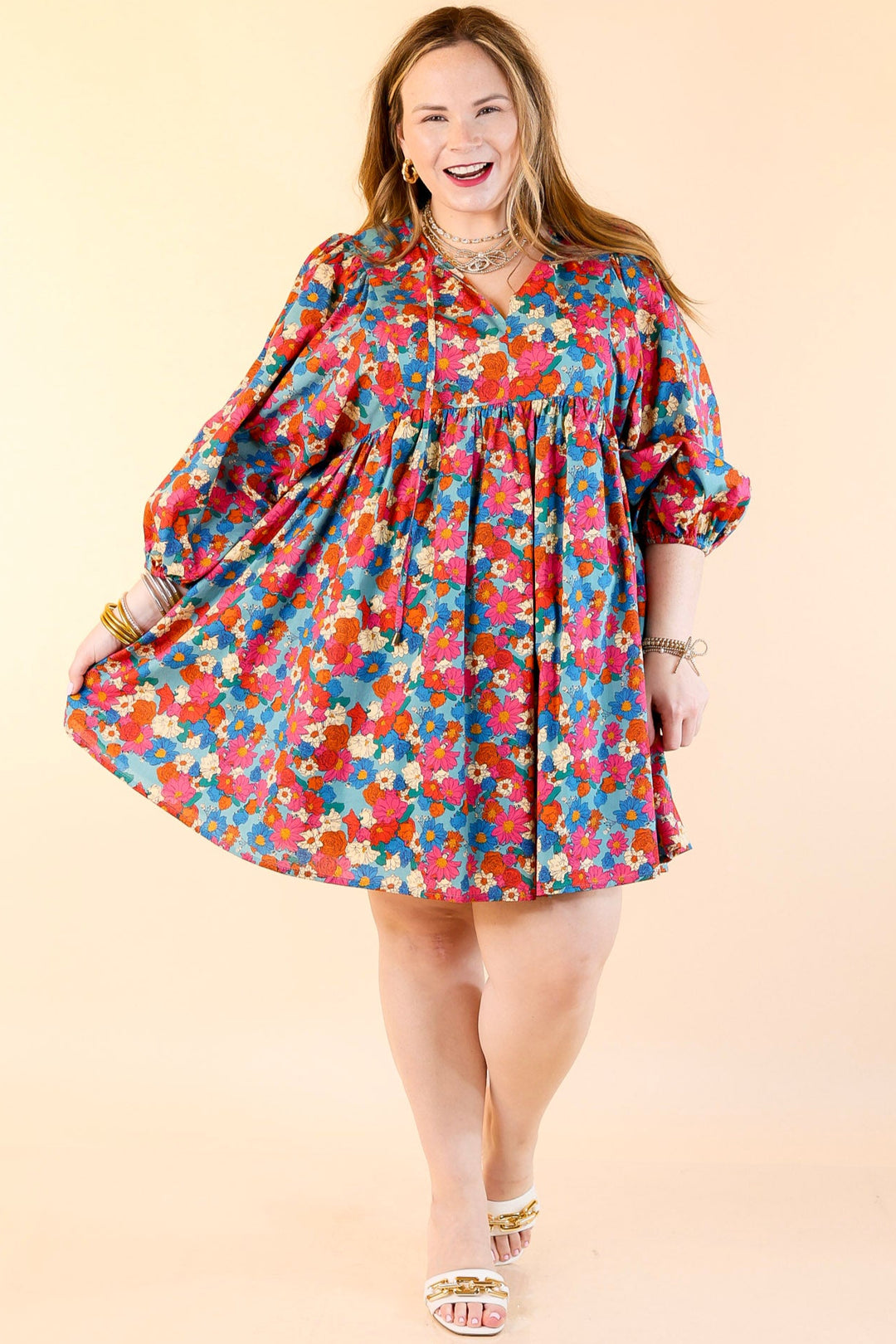 Wrapped In Love Floral Half Sleeve Dress with Keyhole Front in Turquoise