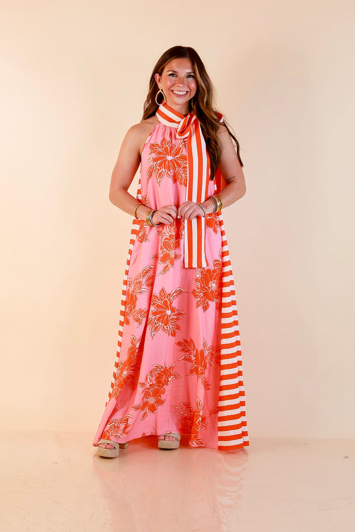 Meet Me in Palm Beach Floral Print Halter Maxi Dress with Adjustable Bow Tie Neck in Pink and Orange