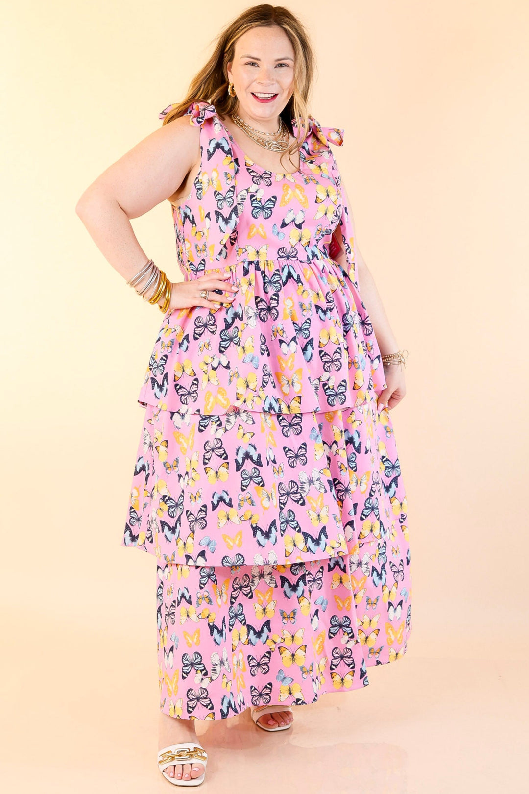 BuddyLove | Drew Tiered Midi Dress in Feelin' Butterflies Pink