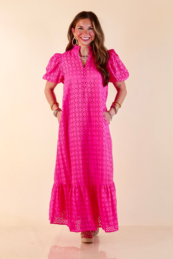 Meet Me at Sunset Eyelet Lace Puff Sleeve Tiered Maxi Dress in Hot Pink