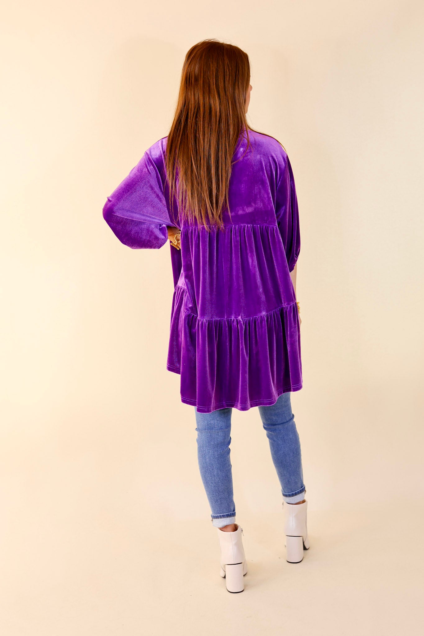 Love Link Button Up Velvet Half Sleeve Babydoll Tunic Top in Violet - Giddy Up Glamour Boutique