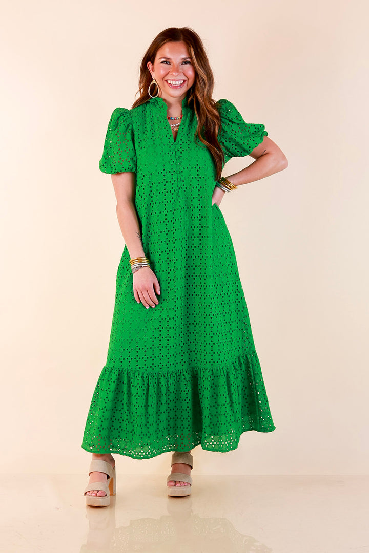Meet Me at Sunset Eyelet Lace Puff Sleeve Tiered Maxi Dress in Kelly Green
