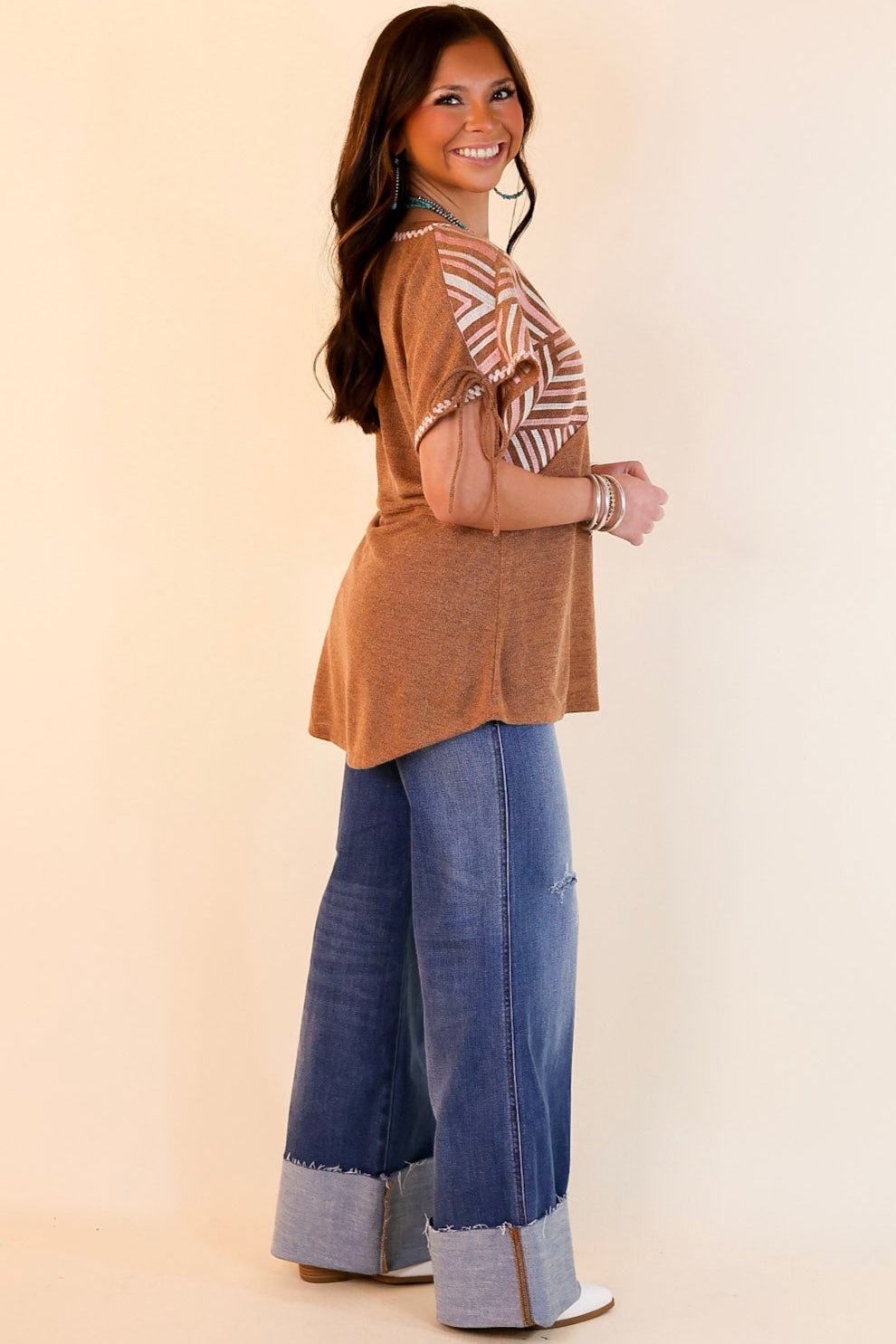 In the Desert Pink and Ivory Embroidered Top with Sleeve Ties in Brown