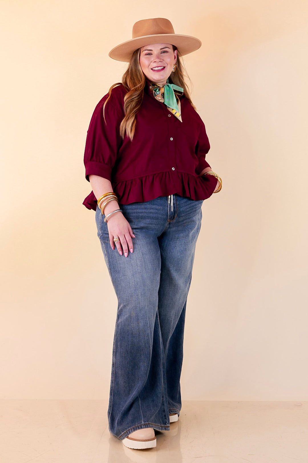 Style Agenda Solid Button Down Peplum Top in Maroon