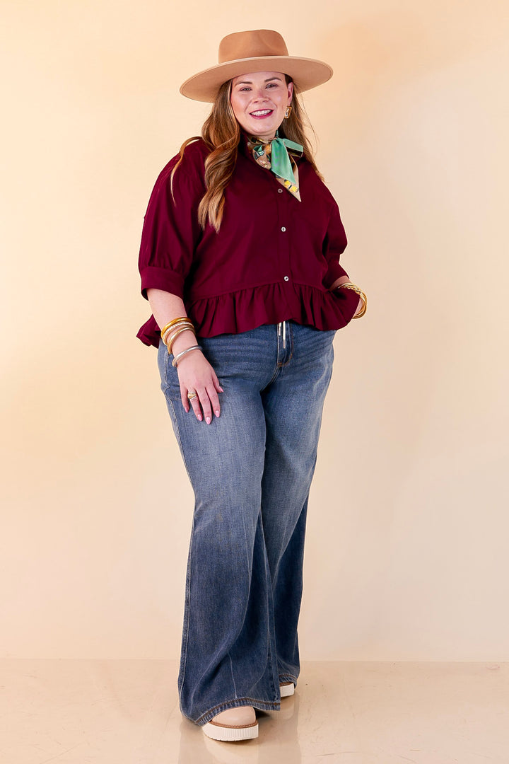Style Agenda Solid Button Down Peplum Top in Maroon