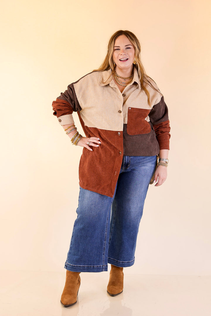 Casual Cuddles Color Block Corduroy Shacket in Brown Mix