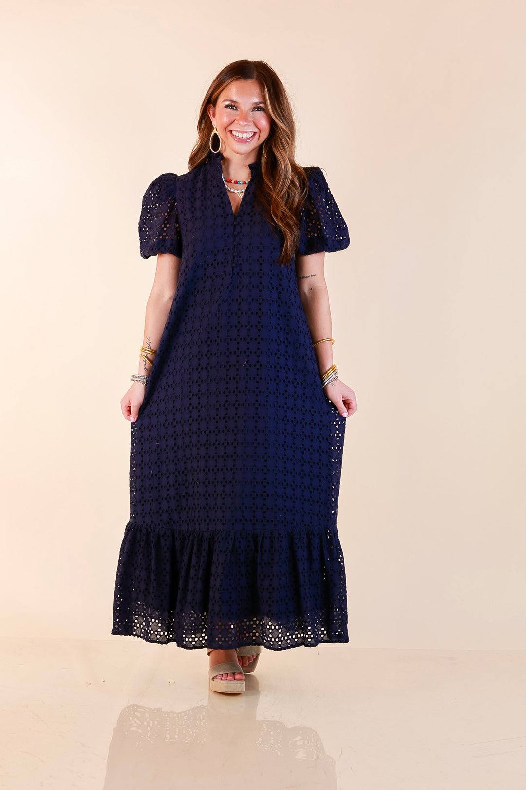 Meet Me at Sunset Eyelet Lace Puff Sleeve Tiered Maxi Dress in Navy Blue