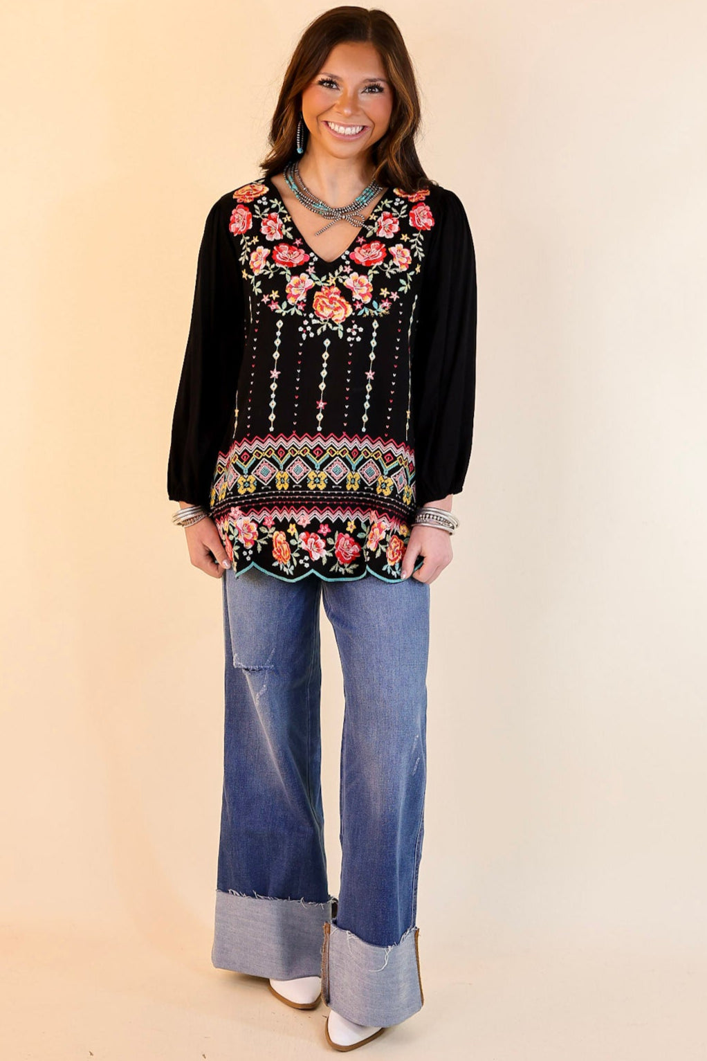 Early Bird Embroidered Front 3/4 Sleeve Top with V Neck in Black