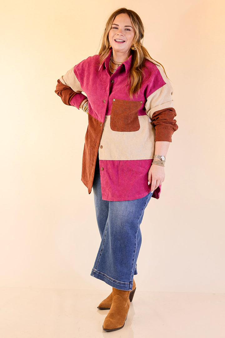 Casual Cuddles Color Block Corduroy Shacket in Magenta Mix