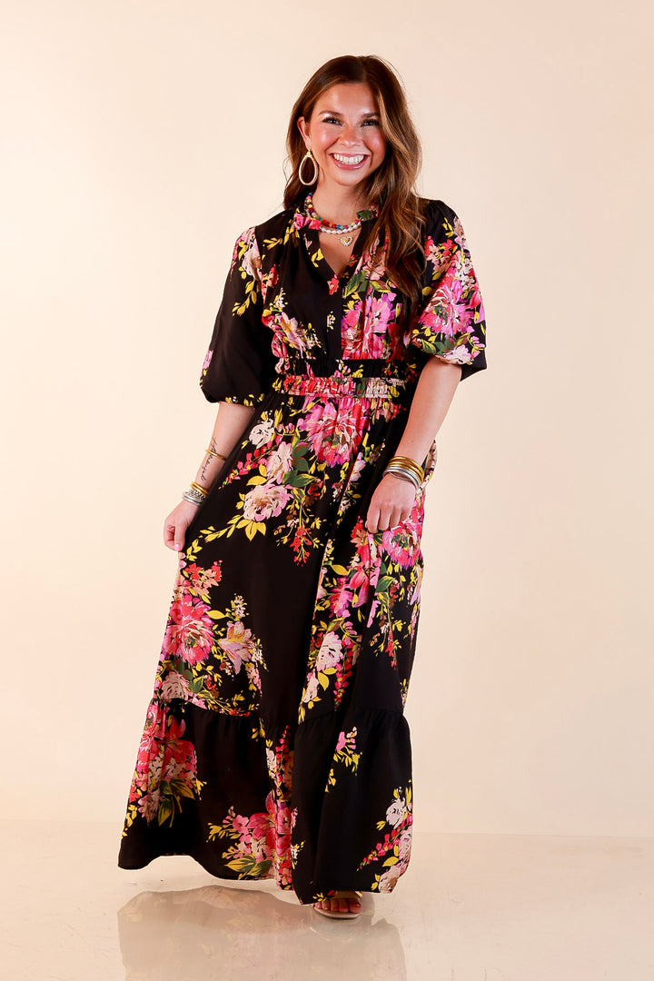Reserved for Brunch Puff Sleeve Smocked Waist Floral Maxi Dress in Black Multi