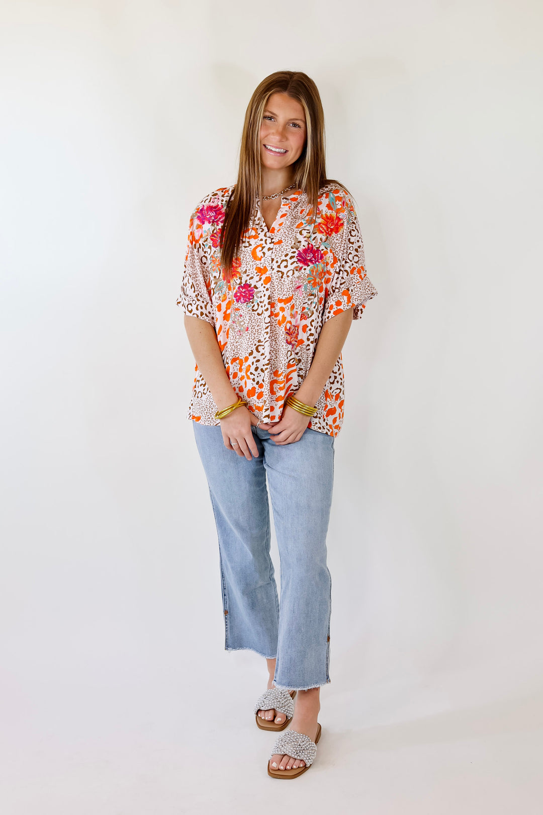 By Chance Leopard Print Top Short Sleeve Top with Floral Embroidery in Ivory - Giddy Up Glamour Boutique