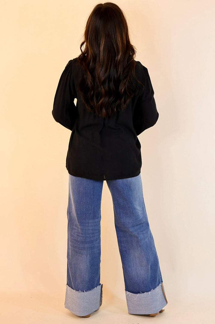 Wake Up Call Embroidered Long Sleeve Top in Black