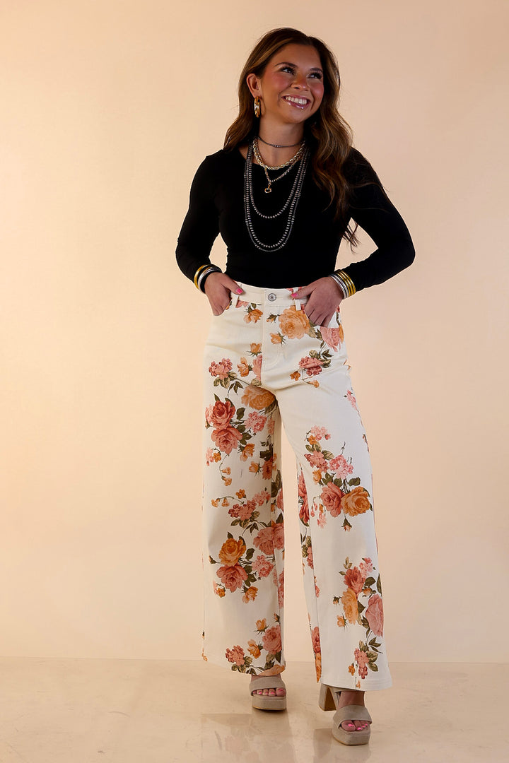 The Best Cropped Wide Leg Vintage Rose Floral Print Jeans in Ivory