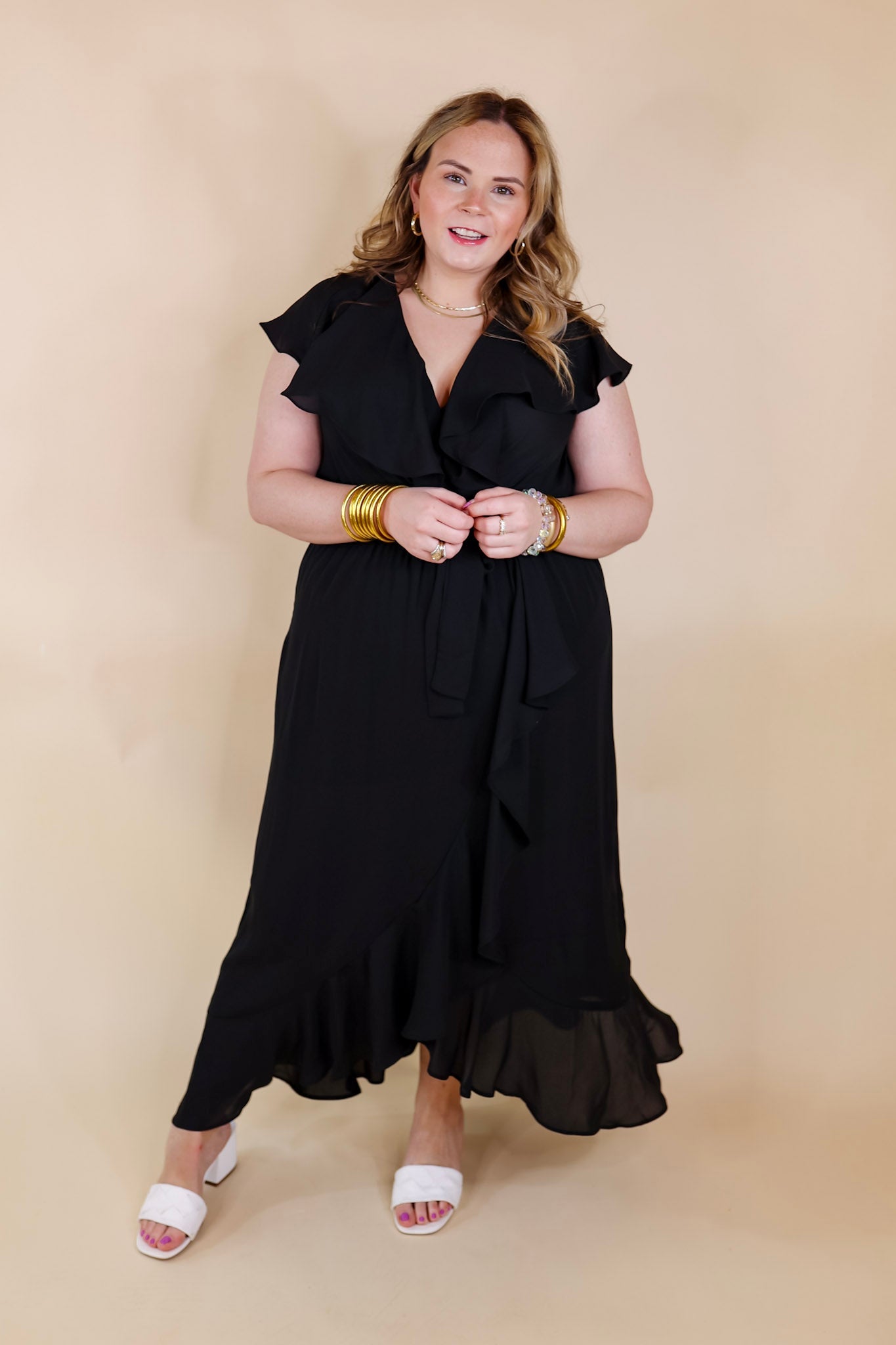 Tranquil Touch Ruffle Midi Dress with Waist Tie in Black - Giddy Up Glamour Boutique