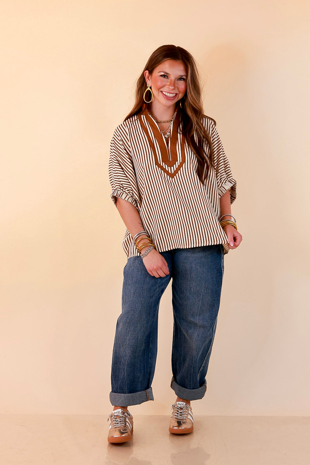 Naturally Stylish Stripe Top with Contrast Stripe Trim and Short Dolman Sleeves in Camel Brown