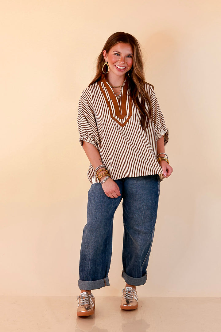 Naturally Stylish Stripe Top with Contrast Stripe Trim and Short Dolman Sleeves in Camel Brown