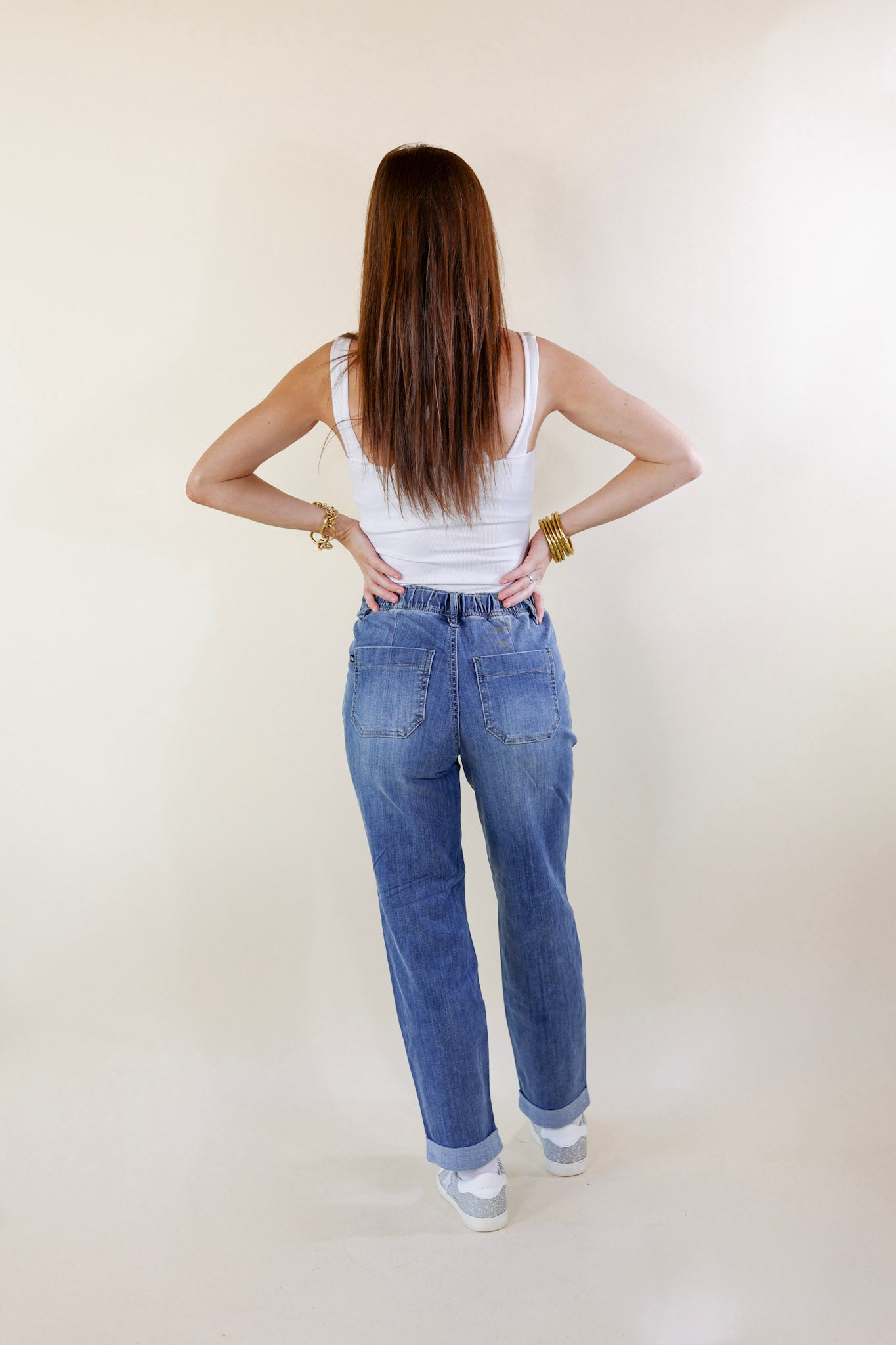 Judy Blue | Keep It A Secret Relaxed Pull on Jean Joggers with Cuffed Hem in Medium Wash - Giddy Up Glamour Boutique