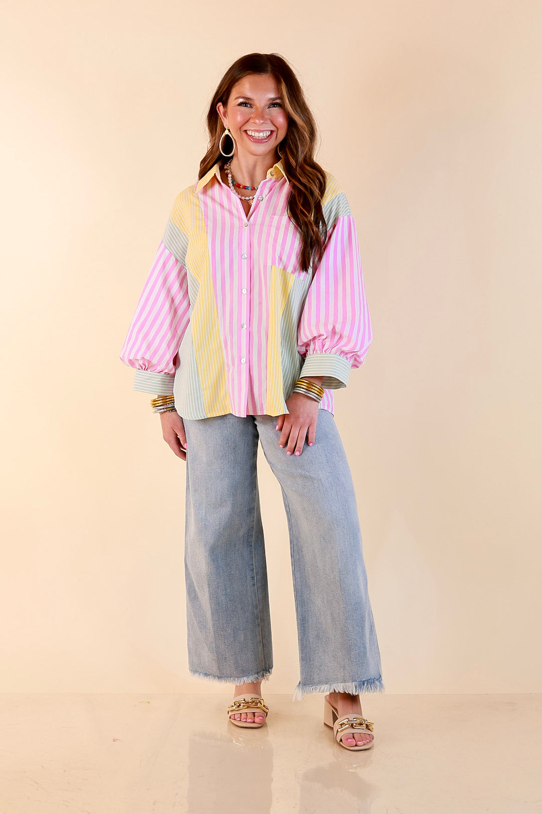 Lovely Impression Colorblock Stripe Button Front Top with Balloon Sleeves in Pink, Yellow and Green