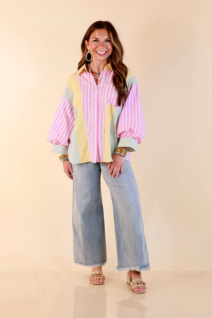 Lovely Impression Colorblock Stripe Button Front Top with Balloon Sleeves in Pink, Yellow and Green