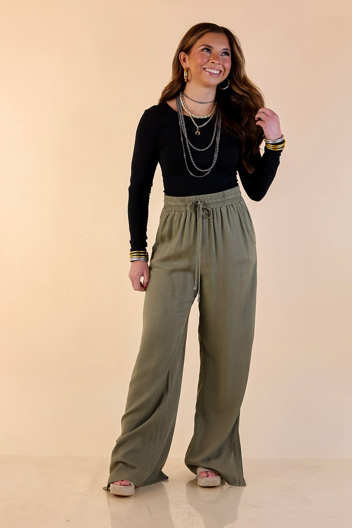 Styled in Comfort Linen Wide Leg Drawstring Pants in Olive Green