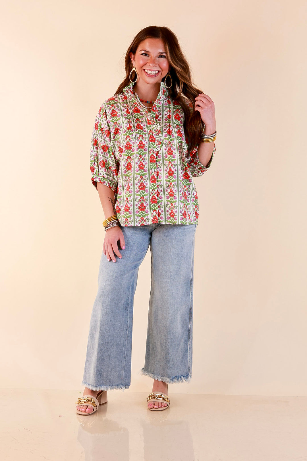 Charming Details Floral Print Button Front Dolman Top with Ruffle Collar in Ivory