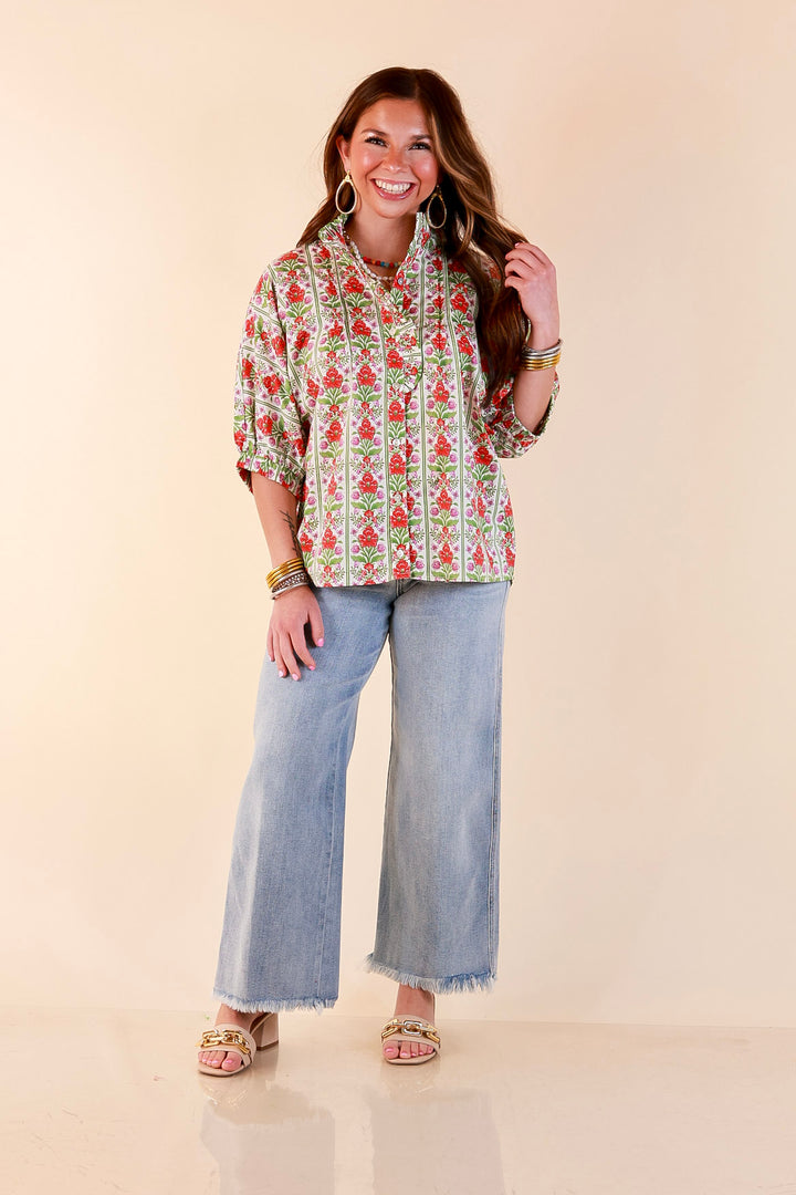 Charming Details Floral Print Button Front Dolman Top with Ruffle Collar in Ivory