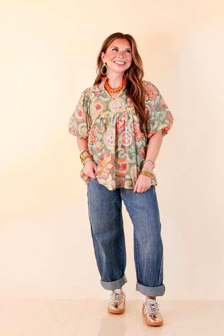 Blooming Days Ahead Paisley Print V Neck Blouse with Puff Sleeves, Ruffle Trim Collar and Lace Trim Yoke in Olive Green Mix
