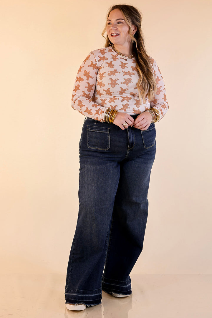 The Perfect Layer Gingerbread Print Mesh Long Sleeve Top in Ivory and Brown