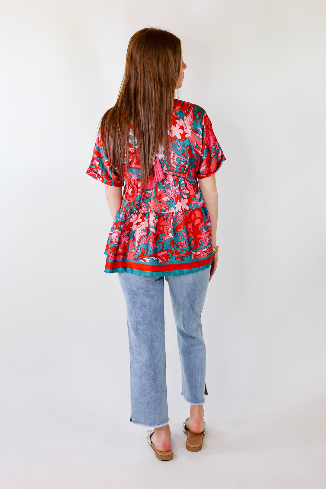 Merlot Meeting Baroque Print V Neck Top in Pink and Teal - Giddy Up Glamour Boutique