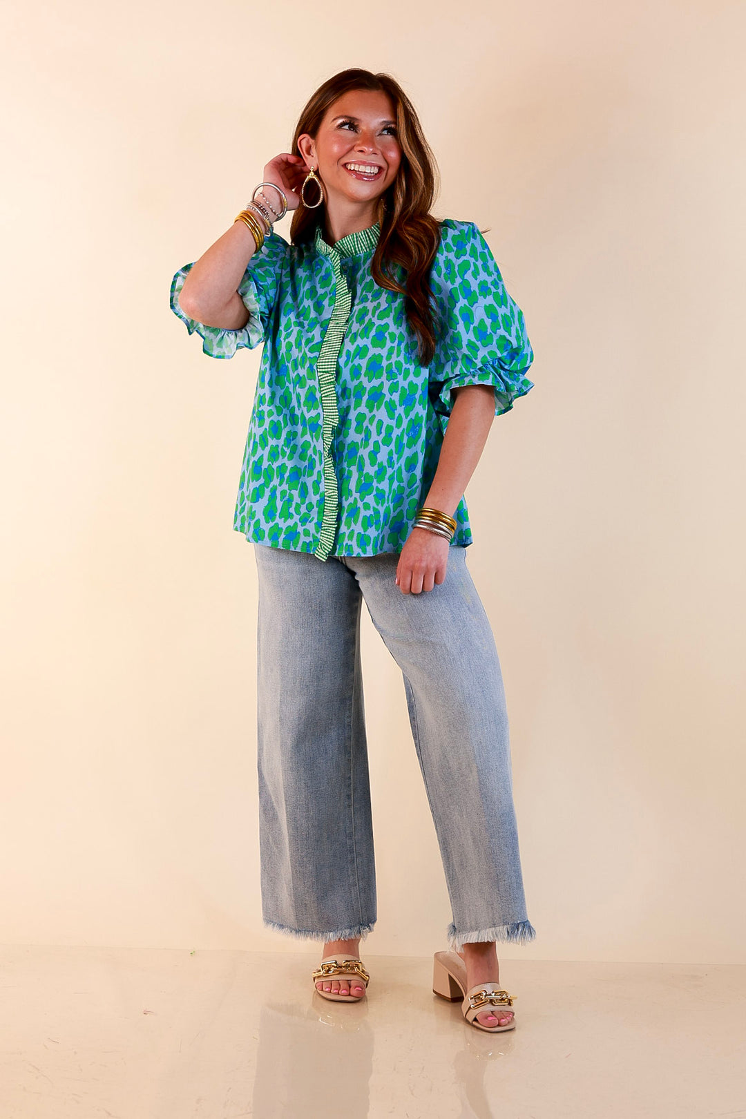 Catch the Compliments Puff Sleeve Ruffle Trim Leopard Print Statement Top in Green and Blue