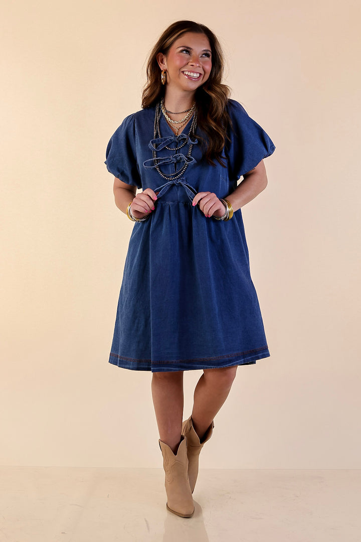 Timeless Trend Short Sleeve Denim Dress with Bows in Medium Wash