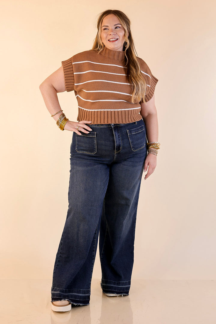 Sweet in Stripes Short Sleeve Striped Mock Neck Sweater in Camel Brown