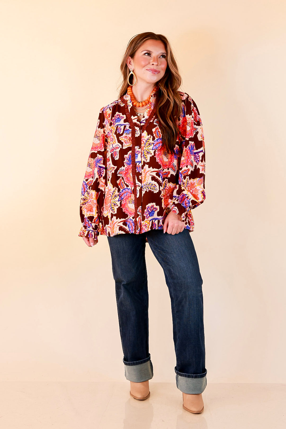Petal Pop Floral Print Ruffle Front Button Up Long Sleeve Top with Balloon Sleeves in Coco Brown