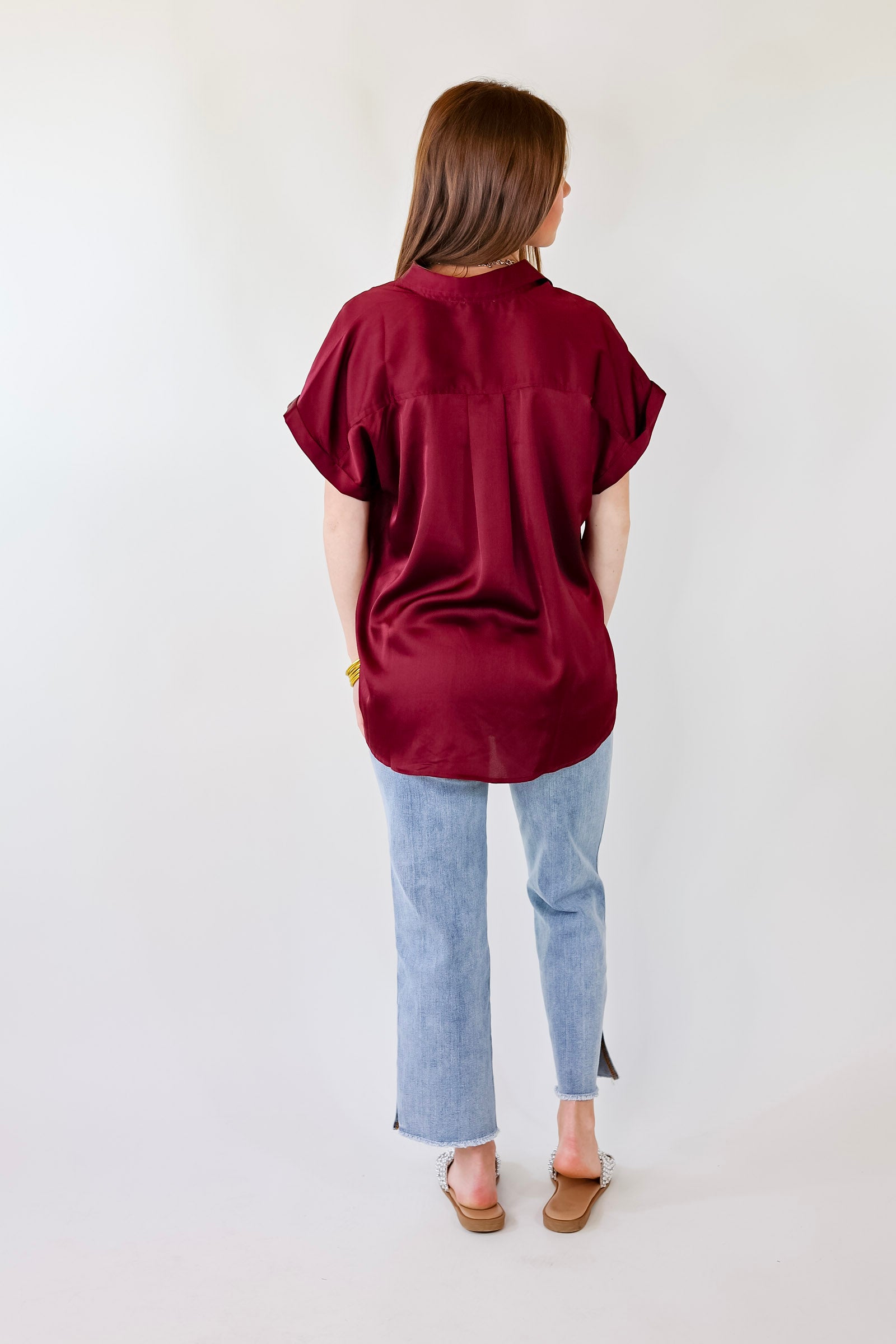 Free To Be Fab Button Up Short Sleeve Top in  Maroon - Giddy Up Glamour Boutique